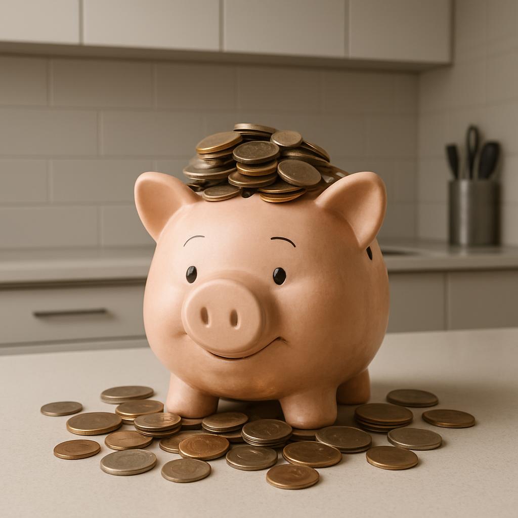 A tan piggy bank with coins piled on its head and in the surrounding area on a white countertop.